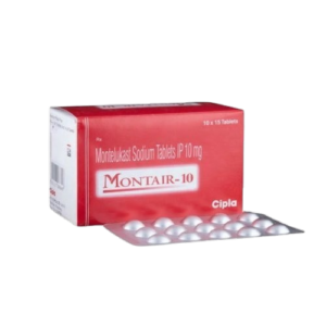 Montair-10 Montelukast Sodium Tablets 10mg by Cipla, red box and silver blister pack of white tablets for asthma and allergy relief.