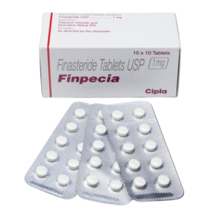 A white rectangular medicine box for Finpecia positioned above three silver blister packs of small white round tablets. The box text identifies the medicine as Finasteride Tablets USP 1mg, manufactured by Cipla. The packaging specifies a quantity of "10 x 10 Tablets" and includes a red vertical accent line on the left side.