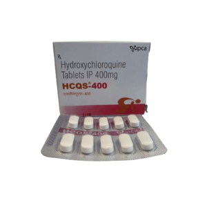 A white and red medicine box for HCQS-400 standing behind a silver blister pack containing 10 white, oblong-shaped tablets. The box text identifies the medicine as Hydroxychloroquine Tablets IP 400mg, manufactured by Ipca. The packaging features a red horizontal band at the bottom with a stylized orange graphic of a person.