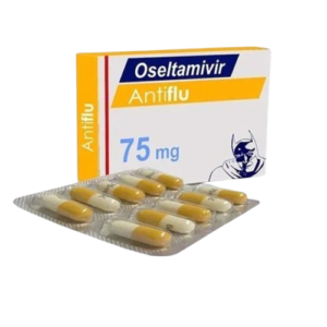 A white and yellow box of Oseltamivir Antiflu 75 mg shown with a blister pack of 10 yellow and white capsules.