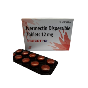 A product shot featuring a white medicine box for Impect-12 standing behind a dark blister pack containing 10 round, dark reddish-brown tablets. The box text identifies the medicine as Ivermectin Dispersible Tablets 12 mg. The packaging includes a stylized red flame or splash graphic on the right side and specifies a quantity of "10 x 10 Tablets" in the top right corner.