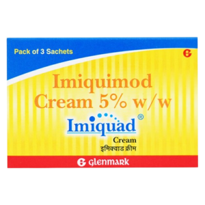 A front view of a yellow medicine box with thin vertical stripes. The top left corner has a blue diagonal section that reads "Pack of 3 Sachets." The central text identifies the product as Imiquimod Cream 5% w/w, with the brand name Imiquad Cream printed in blue. The bottom of the box features a red horizontal band with the Glenmark company name and logo.
