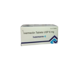 The image shows a rectangular white medicine box for Ivaenorm-6, which contains Ivermectin Tablets USP 6 mg. The packaging features the brand name in blue and teal text, along with a geometric blue and dark purple design on the bottom right corner. The top right of the box indicates a quantity of 10 x 10 Tablets, and it is marked with the "Rx" symbol, signifying it is a prescription-only medication.