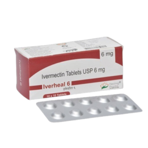 The Box: The packaging is white with red accents. It clearly states the generic name, Ivermectin Tablets USP 6 mg, and the brand name Iverheal 6. The bottom of the box indicates the quantity is 10 x 10 Tablets, and the manufacturer's logo, Healing Pharma, is visible on the right.The Blister Pack: In the foreground is a silver foil blister pack containing ten round tablets.