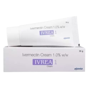 This image shows a white tube and its matching box labeled Ivermectin Cream 1.0% w/w IVREA 1. The tube and box both display the brand name IVREA in purple, and the packaging indicates the cream contains 1% ivermectin by weight, with a net weight of 30 grams. The manufacturer’s name, Ajanta, is also printed on the packaging.