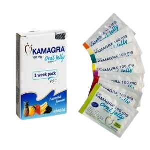 Kamagra 100mg Oral Jelly 1-week pack box with seven assorted fruit-flavored sachets for Erectile Dysfunction (ED) treatment.