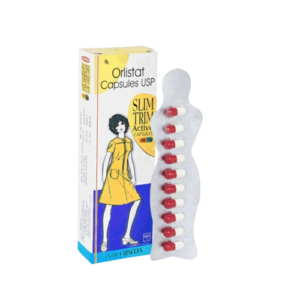 A product shot featuring a tall, slender white box for Slim Trim Active standing next to a unique, body-shaped silver blister pack containing 10 red and white capsules. The box identifies the medicine as Orlistat Capsules USP 60 mg and features a vintage-style illustration of a woman in a yellow dress. The packaging is decorated with blue and yellow accents and specifies a quantity of "3 x 10 Capsules" at the bottom.