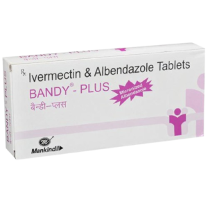 A product box for Bandy-Plus, containing a combination of Ivermectin & Albendazole Tablets. The white packaging features the brand name in purple, with a purple starburst highlighting "Micronized Albendazole." The Mankind Pharma logo is visible in the bottom left corner, and the medication name is also printed in Hindi.