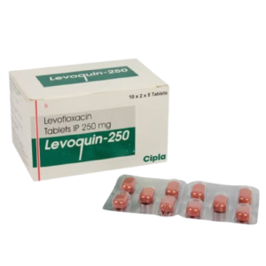 The image shows a box of Levoquin-250, which contains Levofloxacin Tablets IP 250 mg.The white rectangular box features teal branding and the Cipla logo. Next to the box is a clear blister pack containing ten oval-shaped, peach-colored tablets. The box indicates a quantity of $10 \times 2 \times 5$ tablets.