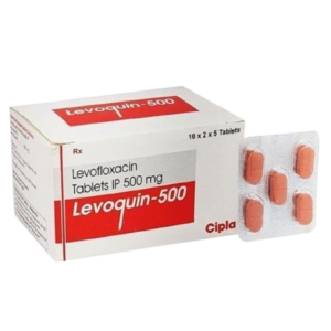 Gemini said The image shows a box of Levoquin-500, which contains Levofloxacin Tablets IP 500 mg. The white rectangular box features red branding and the Cipla logo. Next to the box is a clear blister pack containing five oval-shaped, peach-colored tablets. The box indicates a quantity of 10×2×5 tablets.