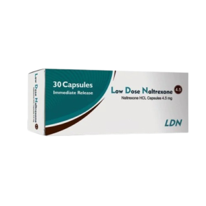 A product box for Low Dose Naltrexone (LDN), containing Naltrexone HCL Capsules 4.5 mg. The white and teal packaging specifies "30 Capsules" and "Immediate Release," with the dosage "4.5" highlighted in a small brown circle. The "LDN" logo is printed in the bottom right corner of the box.