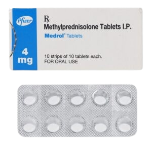This image shows the packaging and blister pack for Medrol, a medication manufactured by Pfizer. The primary label identifies the drug as Methylprednisolone Tablets I.P. at a strength of 4 mg. The box features a clean white design with a prominent blue vertical stripe on the left side, noting that the package contains 10 strips of 10 tablets each intended for oral use. Directly below the box is a silver foil blister pack revealing ten small, round white tablets.