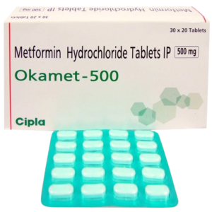 A product shot featuring a white medicine box for Okamet-500 standing behind a bright turquoise blister pack containing 15 white, oblong tablets. The box identifies the medication as Metformin Hydrochloride Tablets IP 500 mg, manufactured by Cipla. The packaging design includes green hexagonal shapes on the right side and specifies a quantity of "30 x 20 Tablets" in the top right corner.