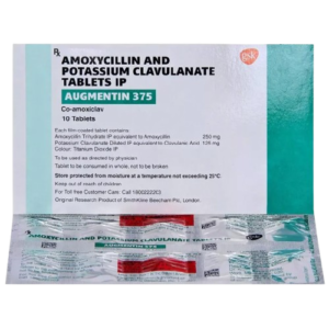 Gemini said The image shows a box of Augmentin 375, which contains Amoxycillin and Potassium Clavulanate Tablets IP. The white packaging features a teal vertical band on the right and the GSK logo. The label specifies that each film-coated tablet contains 250 mg of Amoxycillin and 125 mg of Clavulanic Acid. Below the box is a silver and red blister pack containing 10 Tablets.