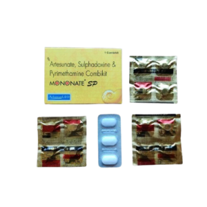 An overhead view of the Mononate SP combikit packaging and its contents. The image includes a yellow rectangular box identifying the medicine as an Artesunate, Sulphadoxine & Pyrimethamine Combikit, manufactured by Adamas LEO. Spread around the box are three silver foil blister packs containing round tablets and one blue blister pack containing three light-blue oblong tablets.