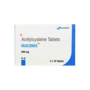 Gemini said This image shows the packaging for MUCOMIX, which are Acetylcysteine Tablets in a 600 mg dosage. The box is primarily white with blue accents and the SAMARTH company logo in the top right corner. It specifies that the pack contains 2 x 10 Tablets. The text is clean and professional, with "MUCOMIX" printed in a bold blue font.