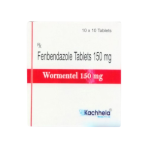 A front view of a white rectangular medicine box for Wormentel-150. The text on the box identifies the contents as Fenbendazole Tablets 150 mg. In the top right corner, it specifies a quantity of "10 x 10 Tablets." The manufacturer's logo, Kachhela Medex Pvt. Ltd., is visible in the bottom right corner.