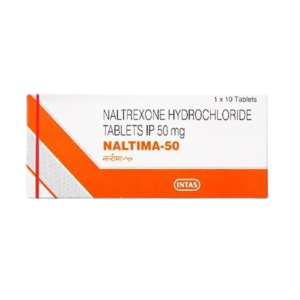 A product box for Naltima-50, containing Naltrexone Hydrochloride Tablets IP 50 mg. The white box features a prominent orange diagonal stripe and border at the bottom, with the brand name in bold orange text. The label indicates a quantity of "1 x 10 Tablets" and displays the Intas Pharmaceuticals logo in the bottom right corner.