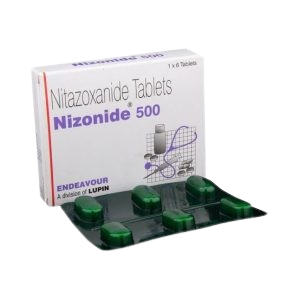 This image features a box and a blister pack of Nizonide 500, which are Nitazoxanide Tablets in a 500 mg dosage. The box is white with purple and black text, displaying the brand name prominently and featuring a medical-themed illustration of a stethoscope and a bottle. It is manufactured by Endeavour, a division of Lupin. In front of the box is a dark green blister pack containing six tablets.