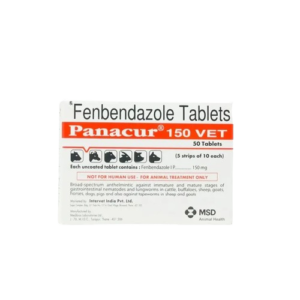 The image shows the packaging for Panacurยฎ 150 VET, which are Fenbendazole Tablets manufactured by MSD Animal Health. The box is white with a bold orange stripe featuring the brand name. It contains 50 tablets (5 strips of 10 each), with each uncoated tablet containing 150 mg of Fenbendazole IP.