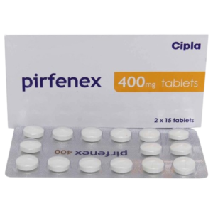 A product shot featuring a white medicine box for pirfenex standing behind a silver blister pack containing 15 round white tablets. The box identifies the medication as 400mg tablets, manufactured by Cipla. The brand name is printed in a dark purple font, and the dosage "400mg" is highlighted within an orange rectangular section on the right side of the box. The packaging indicates a quantity of "2 x 15 tablets" in the bottom right corner.