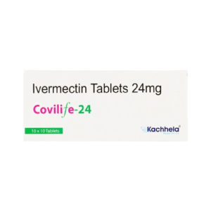 Gemini said The image shows the front of a white rectangular medicine box for Covilife-24, which contains Ivermectin Tablets 24mg. The generic name and dosage are printed in black at the top, while the brand name "Covilife-24" is prominently displayed in a colorful pink and green font. A green tab in the bottom left corner indicates a quantity of 10 x 10 Tablets, and the manufacturer's logo for Kachhela Medex Pvt Ltd is featured on the bottom right.