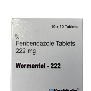 A white medicine box for Wormentel-222 is shown against a plain light background. The packaging prominently displays the generic name Fenbendazole Tablets 222 mg in black text. In the top right corner, it indicates the quantity as 10 x 10 Tablets. The brand name "Wormentel - 222" is printed in a bold, black sans-serif font across the middle. The manufacturer's logo, Kachhela Medex Pvt Ltd, featuring a blue globe icon, is located in the bottom right corner. A faint "Rx" symbol is visible on the upper left side of the box.