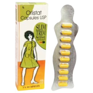 A product shot featuring a tall, slender white box for Slim Trim Active standing next to a unique, body-shaped silver blister pack containing 10 red and white capsules. The box identifies the medicine as Orlistat Capsules USP 60 mg and features a vintage-style illustration of a woman in a yellow dress. The packaging is decorated with blue and yellow accents and specifies a quantity of "3 x 10 Capsules" at the bottom.