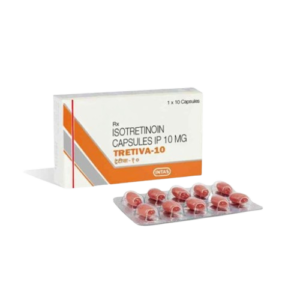 A product shot featuring a white medicine box for Tretiva-10 standing behind a silver blister pack containing 10 reddish-brown oval capsules. The box identifies the medication as Isotretinoin Capsules IP 10 mg, manufactured by Intas. The packaging includes an orange diagonal band design on the lower half and the quantity "1 x 10 Capsules" in the top right corner.