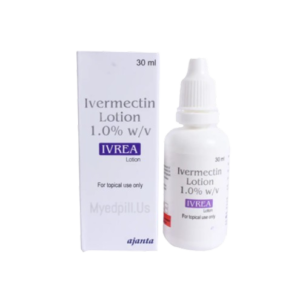 A product shot featuring a white rectangular box next to a white plastic dropper bottle of Ivrea Lotion. Both the box and the bottle label identify the medicine as Ivermectin Lotion 1.0% w/v. The brand name "IVREA" is printed in white on a purple rectangular background. The packaging specifies a volume of 30 ml, includes the instruction "For topical use only," and displays the ajanta company logo at the bottom.