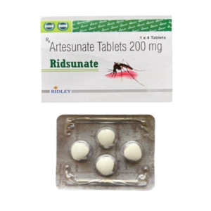 The Box: The white packaging features the brand name Ridsunate in bold green letters. Above it, the generic name and strength are listed as Artesunate Tablets 200 mg. There is a graphic of a mosquito on the right side and the manufacturer's name, RIDLEY, at the bottom left. The Blister Pack: Below the box is a square, silver foil blister pack containing four round white tablets.