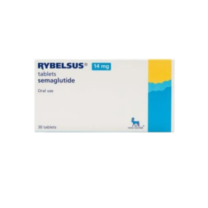 A front-facing view of a white rectangular medicine box for Rybelsus. The box identifies the medication as tablets semaglutide for oral use, with a dosage of 14 mg highlighted in a blue rectangular box. The right side of the package features a vertical color block transition from yellow to red with a wavy border. The bottom left indicates the box contains 30 tablets, and the novo nordisk logo is visible in the bottom right corner.