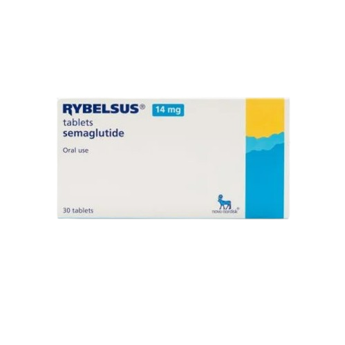 Semaglutide 14mg (Rybelsus) Tablets A front-facing view of a white rectangular medicine box for Rybelsus. The box identifies the medication as tablets semaglutide for oral use, with a dosage of 14 mg highlighted in a blue rectangular box. The right side of the package features a vertical color block transition from yellow to red with a wavy border. The bottom left indicates the box contains 30 tablets, and the novo nordisk logo is visible in the bottom right corner.