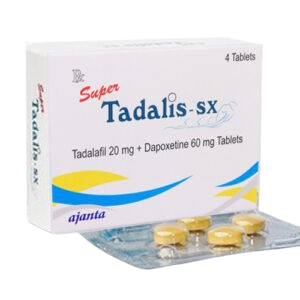 Super Tadalis-SX tablets by Ajanta Pharma, white box containing 4 tablets of Tadalafil 20mg and Dapoxetine 60mg for dual action ED and PE treatment.