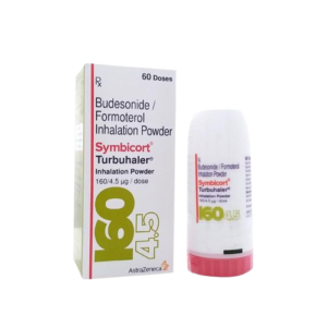 A product image displaying the box and inhaler for Symbicort Turbuhaler (160/4.5 mcg dose) by AstraZeneca. This inhalation powder contains Budesonide and Formoterol and is used as a daily maintenance medication to treat asthma and manage symptoms of chronic obstructive pulmonary disease (COPD).