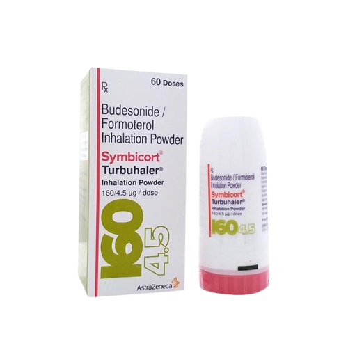A product image displaying the box and inhaler for Symbicort Turbuhaler (160/4.5 mcg dose) by AstraZeneca. This inhalation powder contains Budesonide and Formoterol and is used as a daily maintenance medication to treat asthma and manage symptoms of chronic obstructive pulmonary disease (COPD).