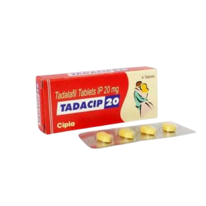 Tadacip 20mg Tadalafil tablets by Cipla, red box with a silver blister pack of four yellow almond-shaped pills for Erectile Dysfunction (ED).
