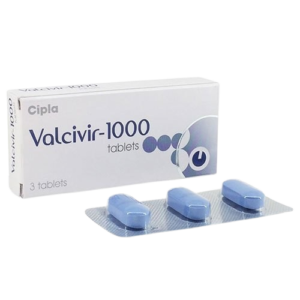 A white and blue box of Valcivir-1000 tablets by Cipla, shown with a blister pack containing three blue oblong-shaped pills.
