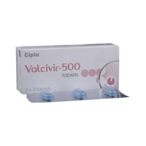 A white and pink box of Valcivir-500 tablets by Cipla, shown with a blister pack containing three blue oblong-shaped pills.