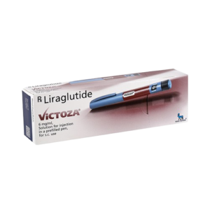 A product shot of a white rectangular box for Victoza. The box prominently identifies the contents as Liraglutide 6 mg/ml, a solution for injection in a prefilled pen for subcutaneous (s.c.) use. A life-size image of the injectable pen—which has a maroon body, a blue cap, and a dosage dial—is featured on the front of the box. The Novo Nordisk logo is visible in the bottom right corner.