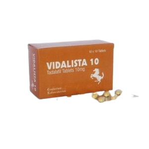 Vidalista 10 mg Tadalafil tablets box with a blister pack of yellow pills.