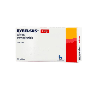 A front-facing view of a white rectangular medicine box for Rybelsus. The box identifies the medication as tablets semaglutide for oral use, with a dosage of 7 mg highlighted in a red rectangular box. The right side of the package features a vertical color block transition from yellow to red with a wavy border. The bottom left indicates the box contains 30 tablets, and the novo nordisk logo is visible in the bottom right corner.