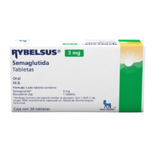 A front-facing view of a white rectangular medicine box for Rybelsus. The label identifies the contents as Semaglutida Tabletas (Semaglutide Tablets) for oral use, with a dosage of 3 mg highlighted in a green rectangular box. The right side of the package features a vertical graphic of a white sun rising over green hills against a yellow-to-orange sky. The bottom left indicates the box contains 30 tablets ("Caja con 30 tabletas"), and the novo nordisk logo is visible in the bottom right corner. The text on the box is in Spanish.
