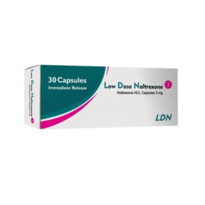 A product box for Low Dose Naltrexone (LDN), containing Naltrexone HCL Capsules 3 mg. The white and teal packaging features the brand name and specifies "30 Capsules" and "Immediate Release," with the dosage "3" highlighted in a small pink circle. The "LDN" logo is displayed in teal in the bottom right corner of the box.