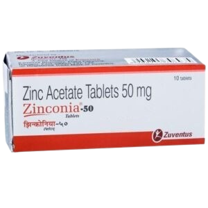 The image shows a box of Zinconia-50, which contains Zinc Acetate Tablets 50 mg. The white rectangular box features red horizontal stripes at the top and bottom and displays the Zuventus brand logo in the bottom right corner. The box indicates that it contains 10 tablets.