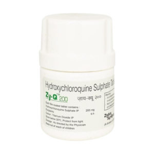 A small, white plastic medicine bottle with a ribbed screw-on cap. The label identifies the contents as Hydroxychloroquine Sulphate Tablets, with the brand name Zy-Q 200 printed in green. The label includes detailed information such as the dosage (200 mg), storage instructions, and the manufacturer, Zydus Synvia. The brand name is also written in Hindi script.