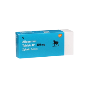 The image displays a rectangular blue and white box of Allopurinol Tablets IP 100 mg, sold under the brand name Zyloric. On the left side of the box, the text "Allopurinol Tablets IP 100 mg" and "Zyloric Tablets" is printed in white. The GSK (GlaxoSmithKline) logo is visible in the top right corner, and a black silhouette of a unicorn—a classic trademark associated with certain GSK heritage brands—is featured prominently in the center. The "Rx" symbol indicates it is a prescription medication.