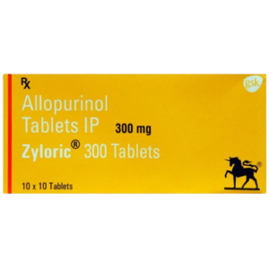 A vibrant yellow medicine box for Zyloric 300 Tablets is shown. The packaging features the generic name Allopurinol Tablets IP and specifies a strength of 300 mg. The layout includes a red vertical stripe on the far left and the gsk logo in the top right corner. In the bottom right, there is a black silhouette of a unicorn logo. The text "10 x 10 Tablets" is printed at the bottom left, and a "Rx" prescription symbol is visible in the upper left corner.
