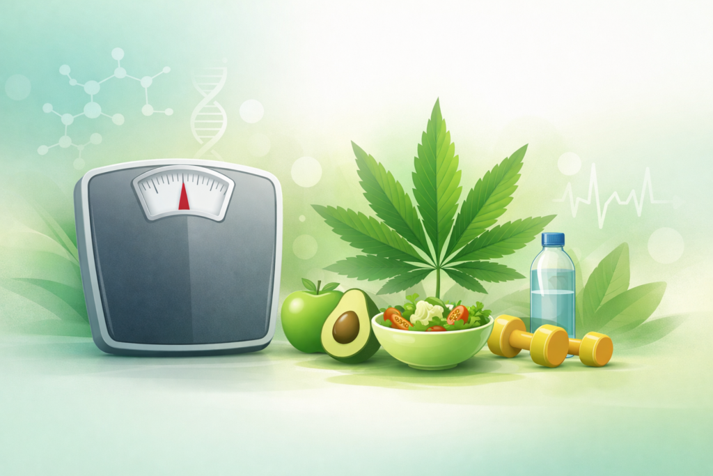 Does Smoking Weed Help You Lose Weight? What Science Says An illustration promoting a healthy lifestyle with cannabis, featuring a bathroom scale, a green apple, a sliced avocado, a salad bowl, yellow dumbbells, and a water bottle, all arranged in front of a large green cannabis leaf on a soft green background.